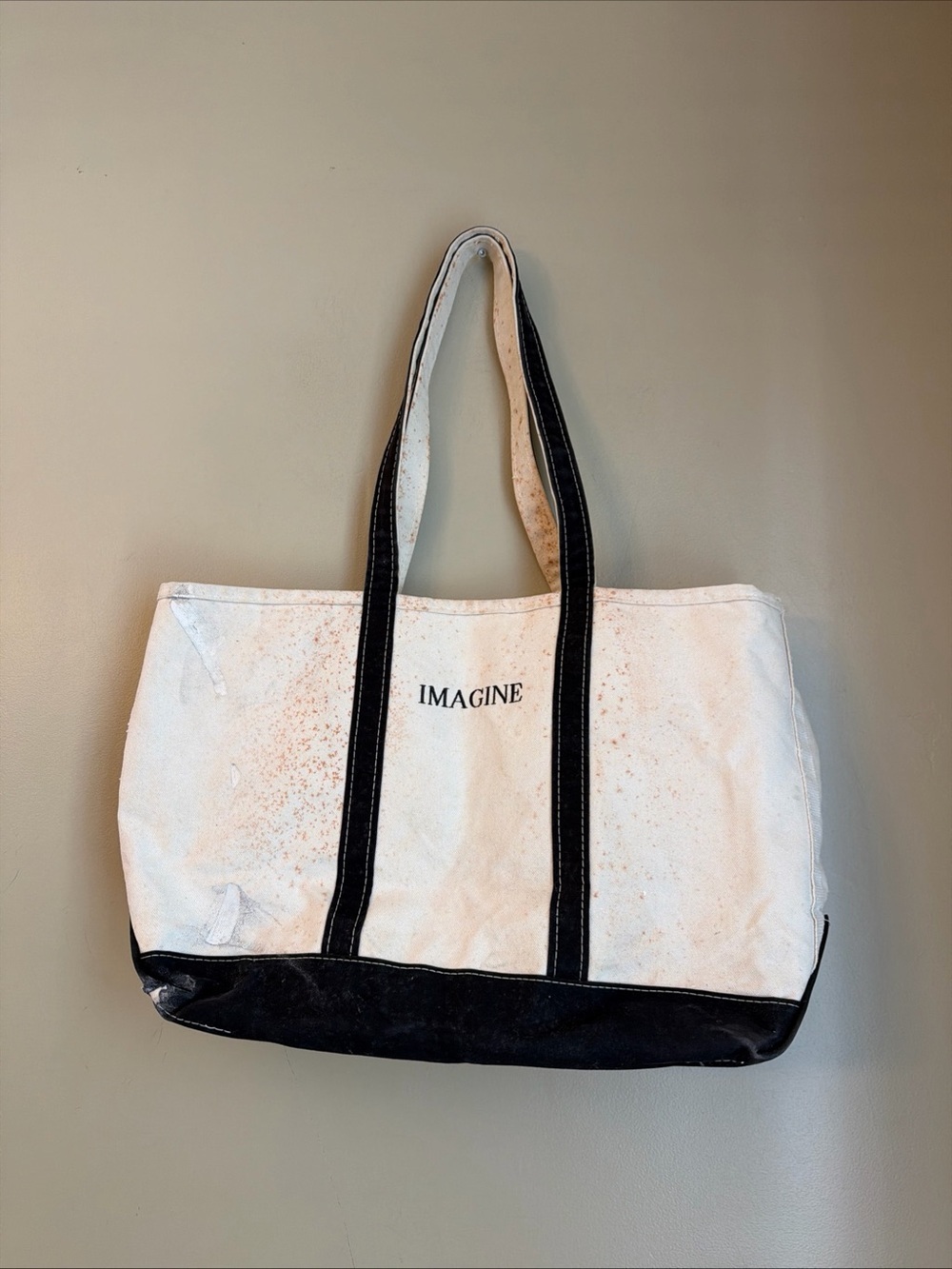 Vtg LL Bean Boat & Tote Large Canvas Bag Ivory Navy Thrashed Monogram Imagine